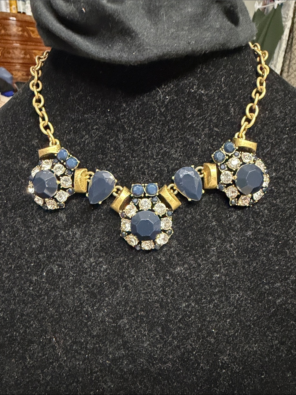 J. Crew Gold-Tone Necklace with Navy Blue and Clear Crystals